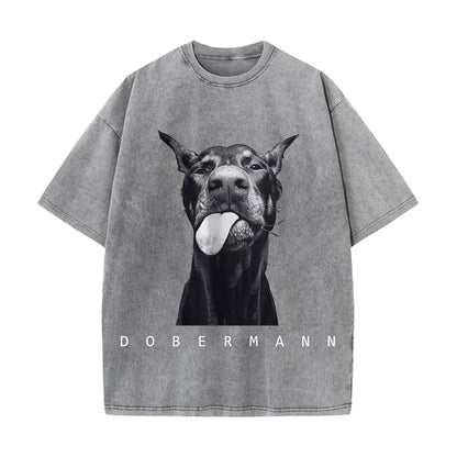 Woman clothing   Cotton Washed T-Shirts Fashion Creativity Doberman Printing Short Sleeve