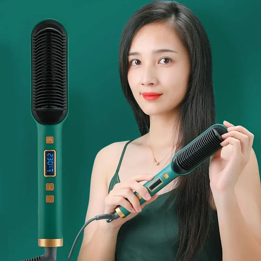 Style & Shine Hair  2 In 1 Electric Professional Negative Ion Hair Straightener Brush Curling Comb with Lcd Display Hair Curling Tool Straight Brush