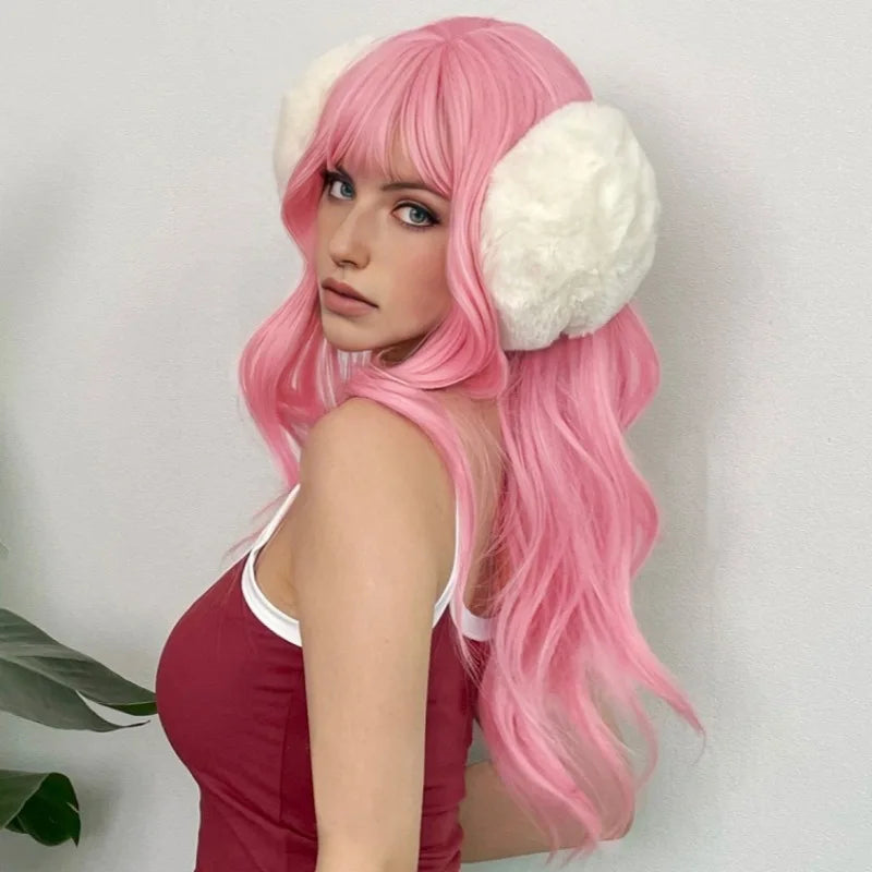 Crown & Glory Wigs  New sales of women's pink long curly air bangs long curly hair straight bangs synthetic hair big wave wig