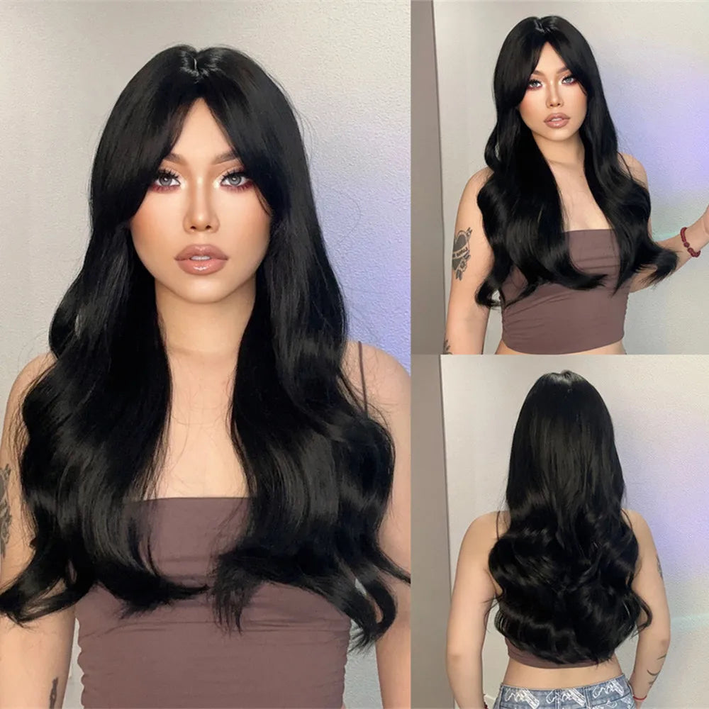 Crown & Glory Wigs   ALAN EATON Brown Blonde Layered Synthetic Wigs Long Natural Body Wavy Wig with Bangs Party Cosplay Hair for Women Heat Resistant