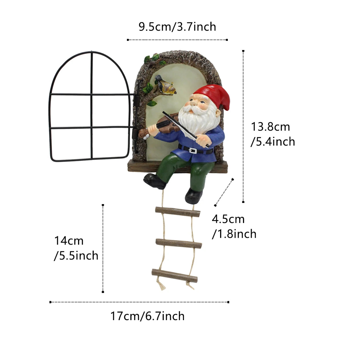 Outdoor 1 resin handicraft hanging from a dwarf playing piano tree, iron window, hanging tree, decorating courtyard tree trunks, hanging