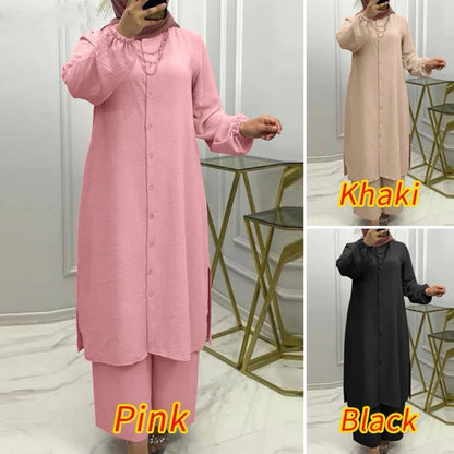 Muslim Family   Eid Muslim Set Women 2 Piece Shirt Blouses Wide Leg Pants Musulman Ensemble Dubai Casual Arab Ramadan Kaftan 2024 Outfit Suits