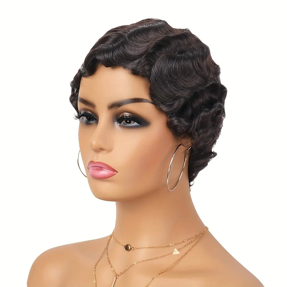 Crown & Glory Wigs  Short Finger Wavy Wig Full Machine Made Curly Black Cute Nuna Wig African Black Wigs for Women Mommy Wig Short Pixie Cut Wigs