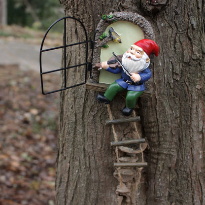 Outdoor 1 resin handicraft hanging from a dwarf playing piano tree, iron window, hanging tree, decorating courtyard tree trunks, hanging