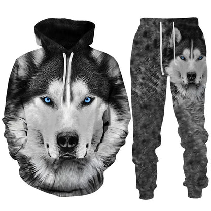 Men clothing  3D Print Hoodies Suit Man Dazzle Wolf Hip Hop Streetwear Hoodie And Pants 2pcs Sets