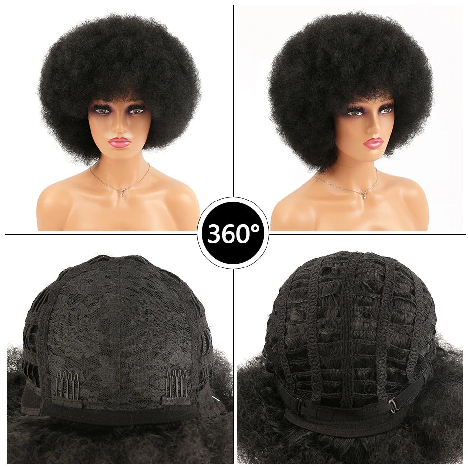 Crown & Glory Wigs Synthetic Afro Kinky Curly Wig With Bangs Big 70s Soft Afro Wig For Black Women Machine Made Cosplay Wig Natural Brown Black