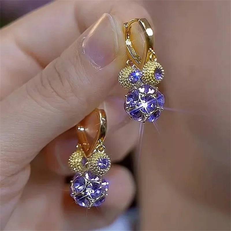 Jewellery   Fashion Trend Purple Crystal Zircon Flower Drop Earrings for Women Light Luxury Geometric Shiny Earring Party Wedding Jewelry