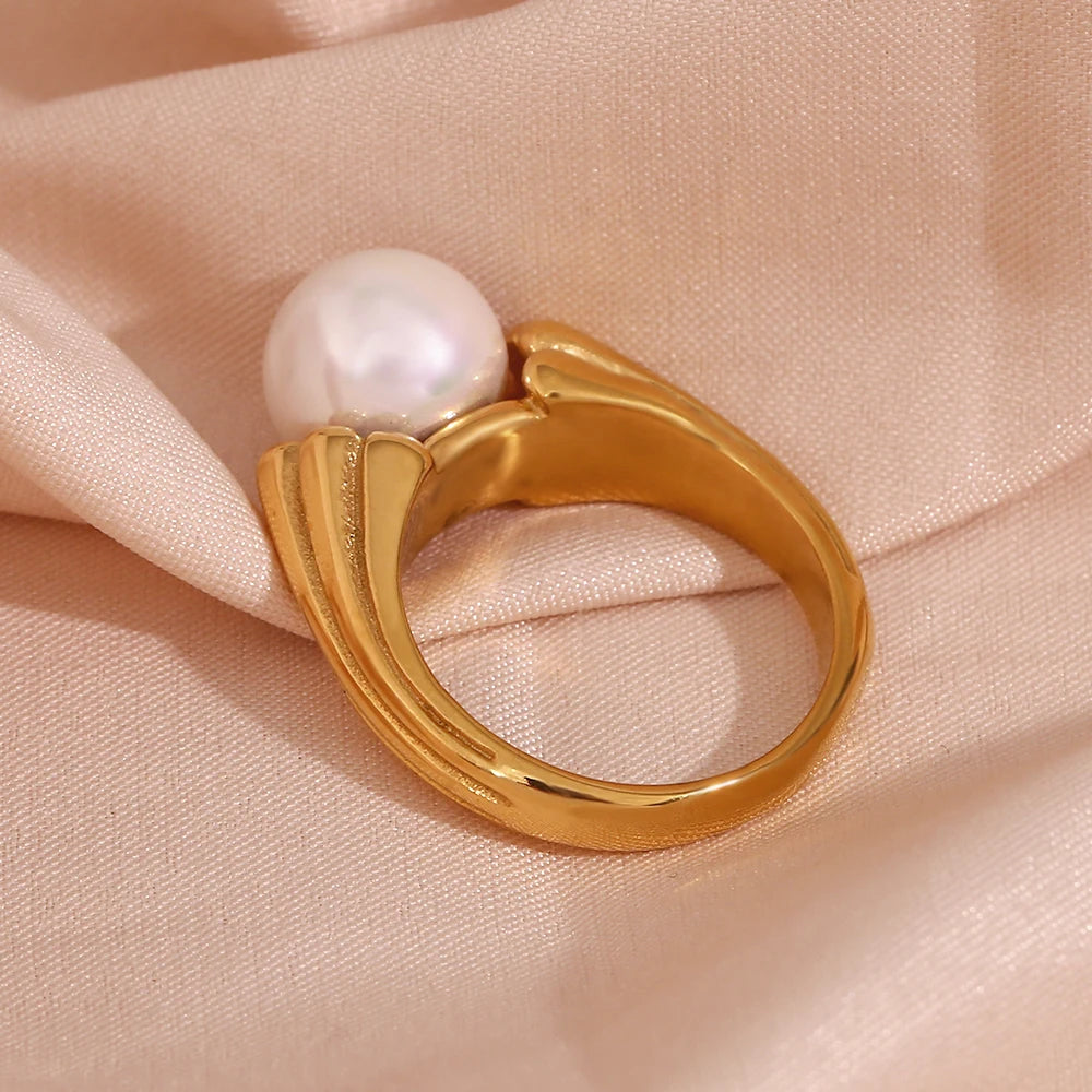 Jewellery  E.B.belle Casting Water Wave Texture Round Pearl Finger Rings For Woman Waterproof Steel Made Gold Color Index Ring