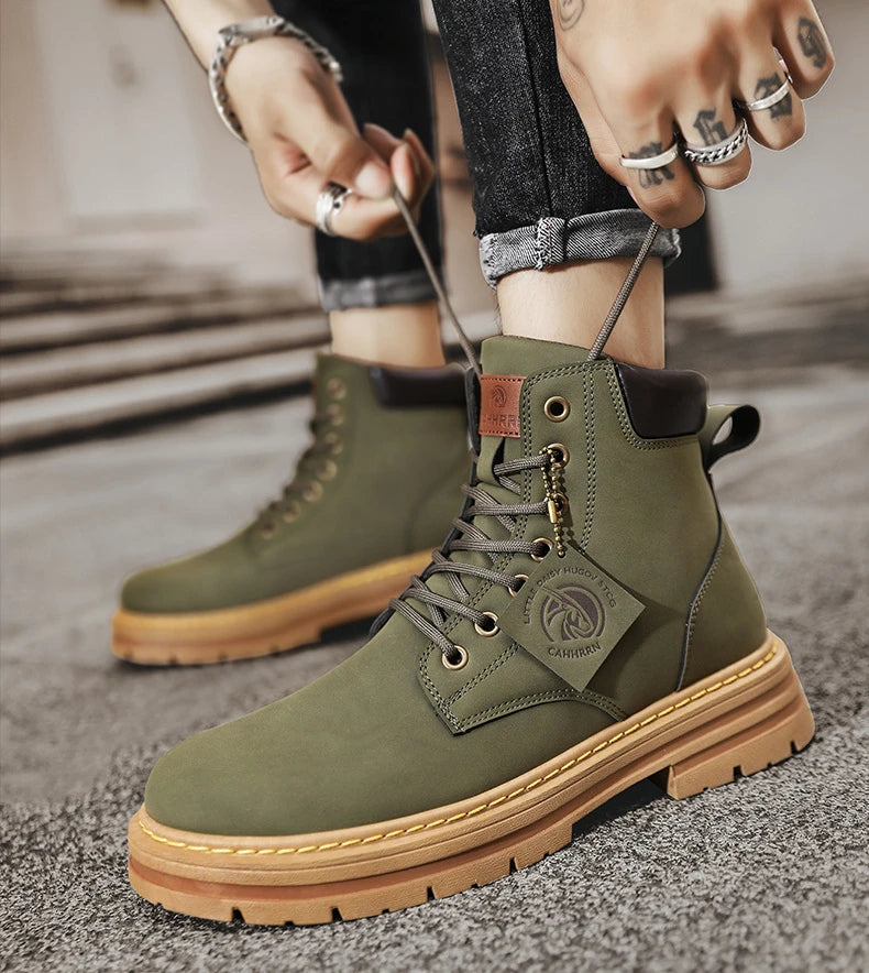 Men shoes High Top Men Boots Fashion Motorcycle Ankle Boots for Men New Hot Green Male Hiking Boot Winter Lace-Up Men's Shoes Botas Hombre