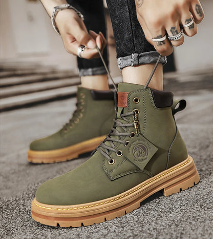 Men shoes High Top Men Boots Fashion Motorcycle Ankle Boots for Men New Hot Green Male Hiking Boot Winter Lace-Up Men's Shoes Botas Hombre