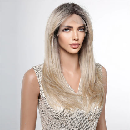 Crown & Glory Wigs   ALAN EATON Light Brown Straight Lace Front Wigs Middle Parting Ombre Blonde Lace Synthetic Wig Natural Hairline Heat Resistant