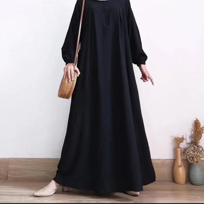 Muslim Family    Middle East Pleated Dress for Women, Muslim Fashion, Dubai, Arab Style, Elegant, Solid Round Neck, Long Sleeve, Abaya