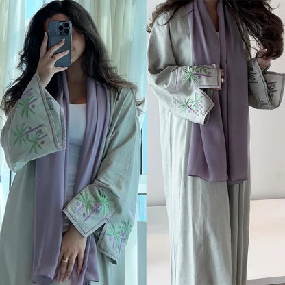 Muslim family  New Chic Ramadan Ethnic Muslim Kimono Open Abaya For Turkey Women Modest Solid Embroidery Full Sleeve Moroccan Arab Caftan