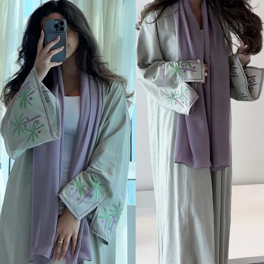 Muslim family  New Chic Ramadan Ethnic Muslim Kimono Open Abaya For Turkey Women Modest Solid Embroidery Full Sleeve Moroccan Arab Caftan