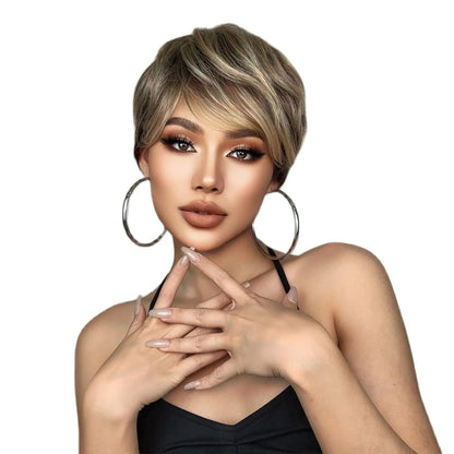 Crown & Glory Wigs HENRY MARGU Dark Root Ombre Brown Blonde Short Hair Wigs Fluffy Pixie Cut Synthetic Wig for Black White Women Heat Resistant