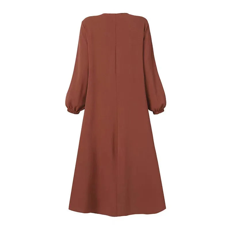 Muslim Family    Middle East Pleated Dress for Women, Muslim Fashion, Dubai, Arab Style, Elegant, Solid Round Neck, Long Sleeve, Abaya