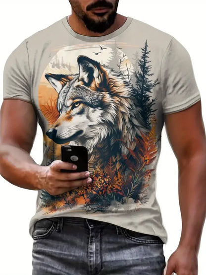 Men clothing  Animal Wolf Pattern Men's T shirt Fashion Crew Neck Short Sleeve