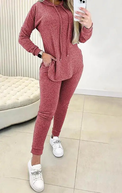 Woman clothing  2 Piece Set Women Outfit 2024 Spring Fashion Hem Slit Long Sleeve Hooded Sweatshirt & Casual Pocket Design High Waist Pants Set