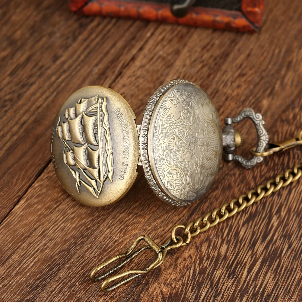 Jewellery   Steampunk U.S.S Constitution 1797-1997 Quartz Pocket Watch Sailing Canvas Boat Necklace Pendant Bronze Pocket Timepiece Gift