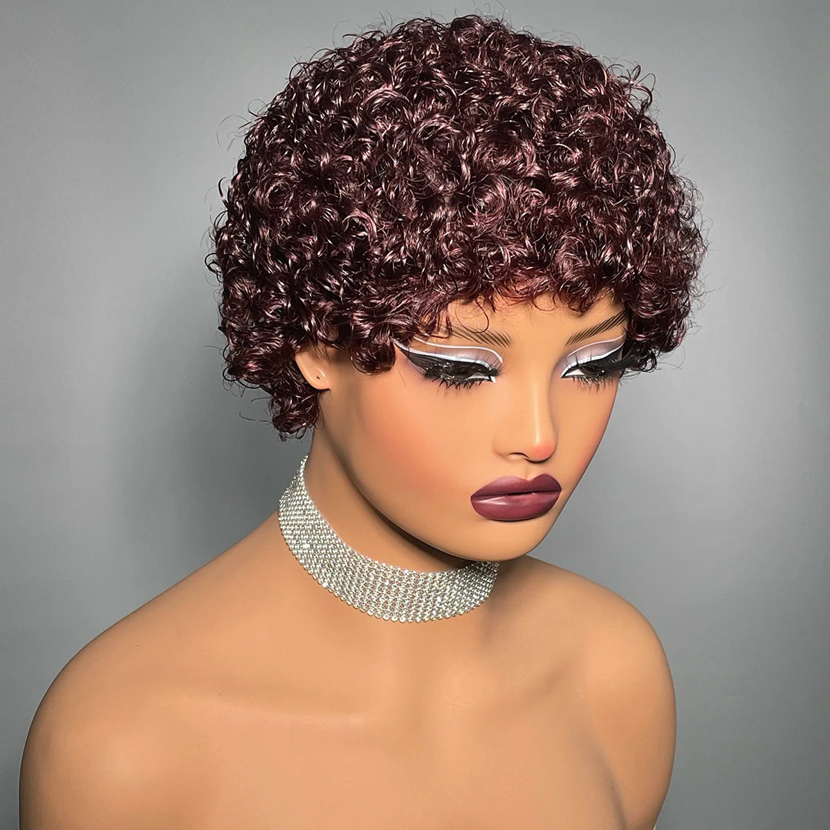 Crown & Glory Wigs Short Curly 99J Wig For Woman 100% Human Hair Wigs Full Machine Made Pixie Curl Kinky Curly Wigs