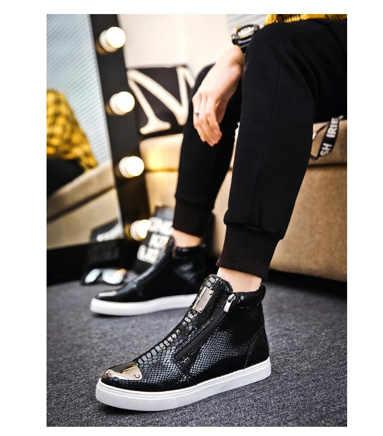 Men shoes  Hot Zipper High Top Sneakers Men Fashion Crocodile Leather Shoes For Men Luxury Golden Casual Sneakers Male Hip Hop Rock Shoes