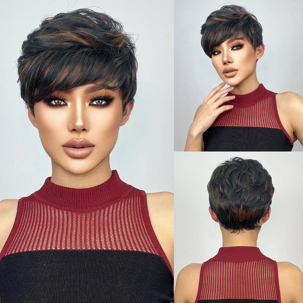 Crown & Glory Wigs EASIHAIR Short Honey Brown Synthetic Wigs for Women Layered Natural Hair Wigs Free Part Short Hair Daily Wig Heat Resistant