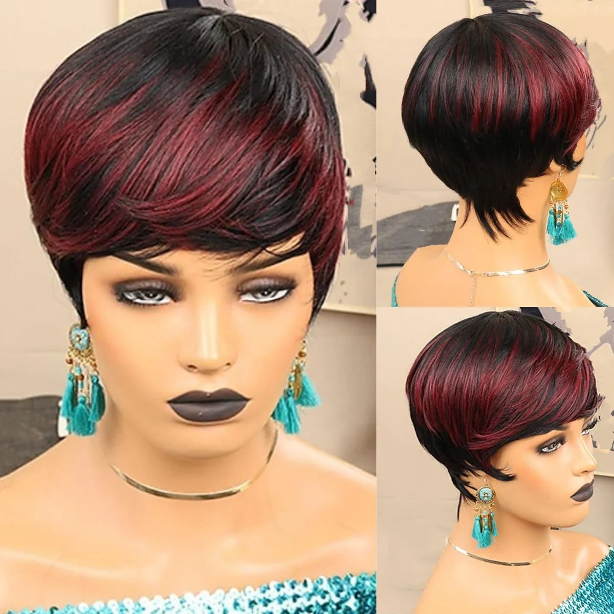 Crown & Glory Wigs  WIGERA Highlight Synthetic Short Straight Pixie Cut Hair Bob Wig Ombre Honey Blonde Mix Black Bronw Layered Hair Wigs For Woman