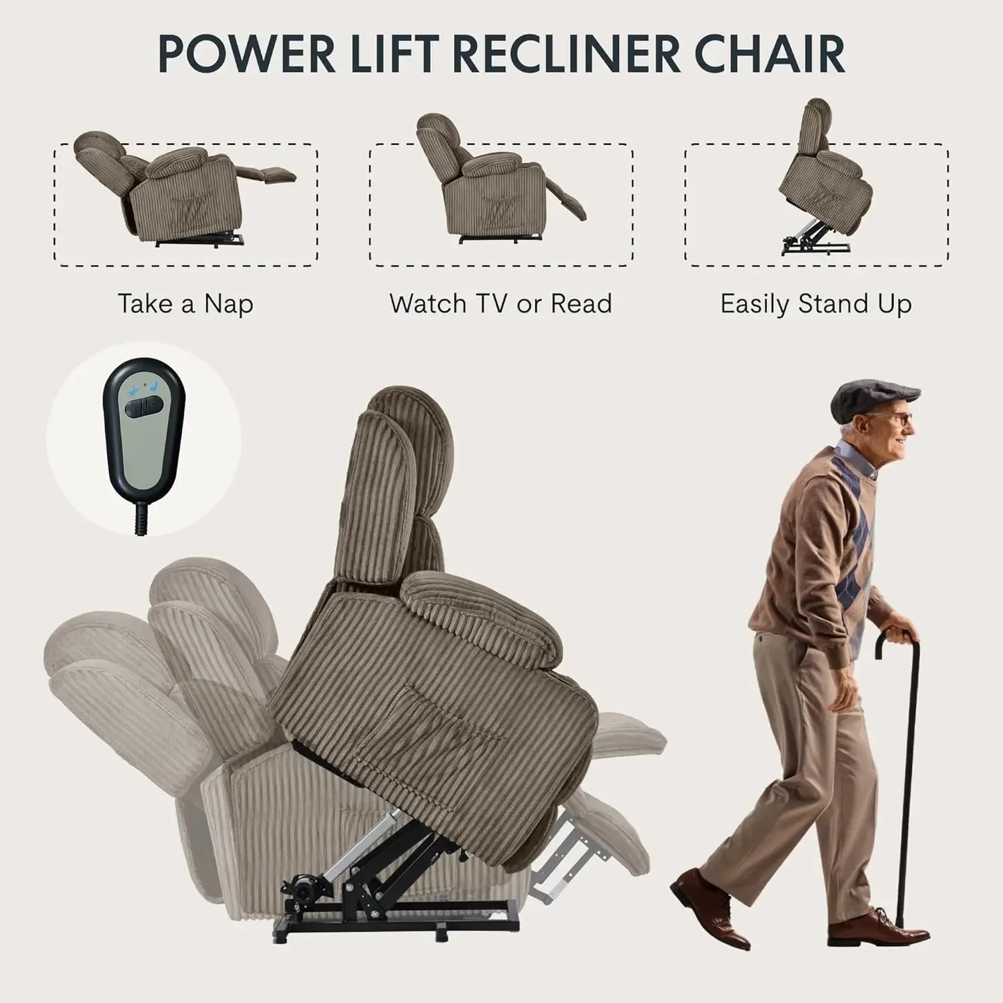 Living Room Power Lift Recliner Chair, Electric Leather Lift Recliner Chair W/Massage & Heat Cup Holders Lift Reclining Chair Sofa, Recliner