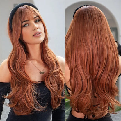 Crown & Glory Wigs  New sales of women's pink long curly air bangs long curly hair straight bangs synthetic hair big wave wig