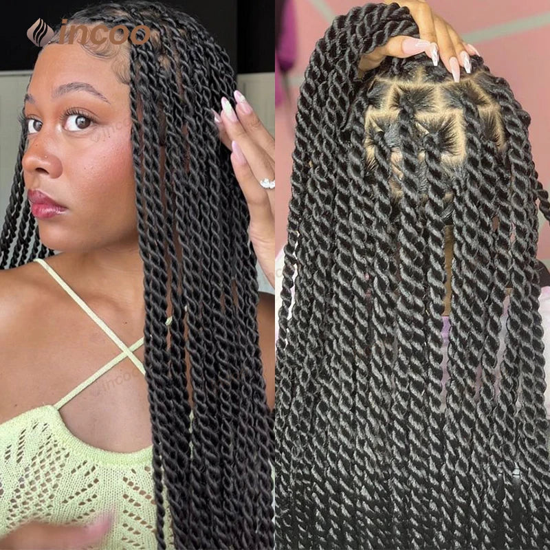 Crown & Glory Wigs  40" Twist Braids Lace Wig Synthetic Full Lace Front Braided Wigs For Black Women Knotless Box Twist Braid Wig Braided Wigs Cheap