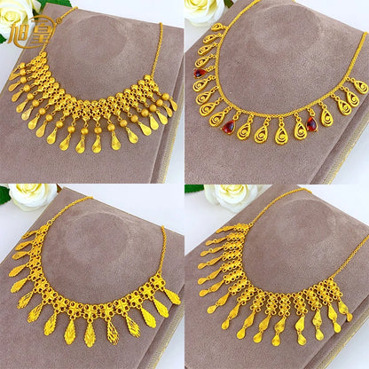 Jewellery    XuHuang African Crystal Pendant Tassel Necklace For Woman Ethiopian Bride Wedding Gold Color Jewelry Party Dubai Gifts 24K