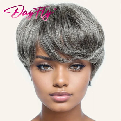 Crown & Glory Wigs Short Grey Wigs Highlight Pixie Cut Wig With Bangs Brazilian Hair Natural Wave Wigs Ombre P1B 30 44 34 Human Hair Wigs For Women