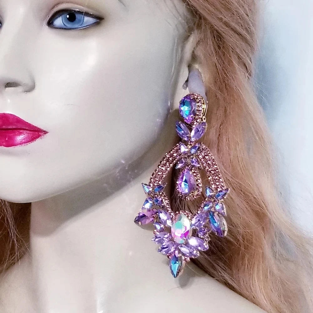 Jewellery  Luxury Purple Exaggerate Dangle Earrings Oversized Accessories Elegant Lady Water Drop Large Rhinestone Earrings Party Jewelry