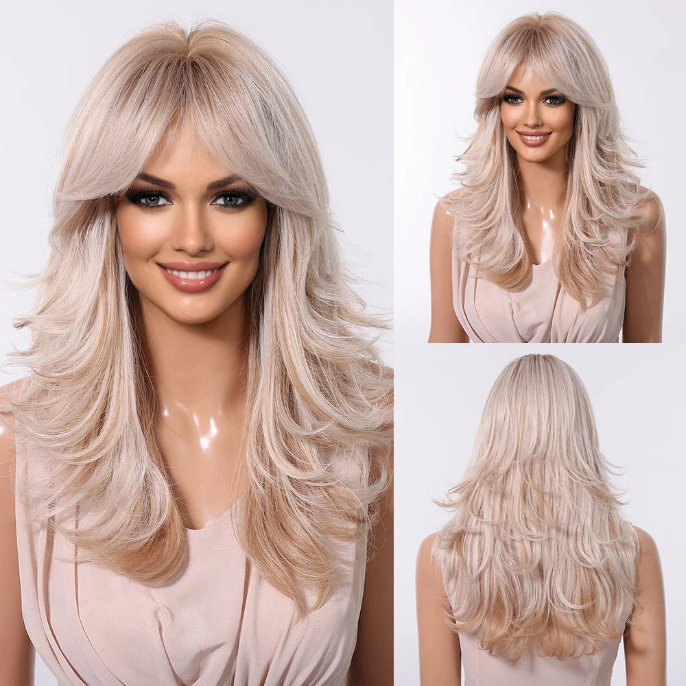 Crown & Glory WigsHENRY MARGU Grey Layered Synthetic Natural Wig Medium Length Straight Wig with Bangs for Women Daily Party Wigs Heat Resistant