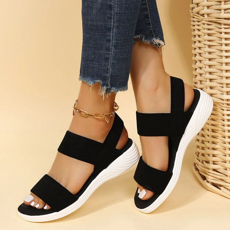 Woman shoes   Casual and Comfortable All-match Hollow Elastic Band Buckle Trifle Bottom Women's Sandals Solid Color Plus Size Women's Sandals