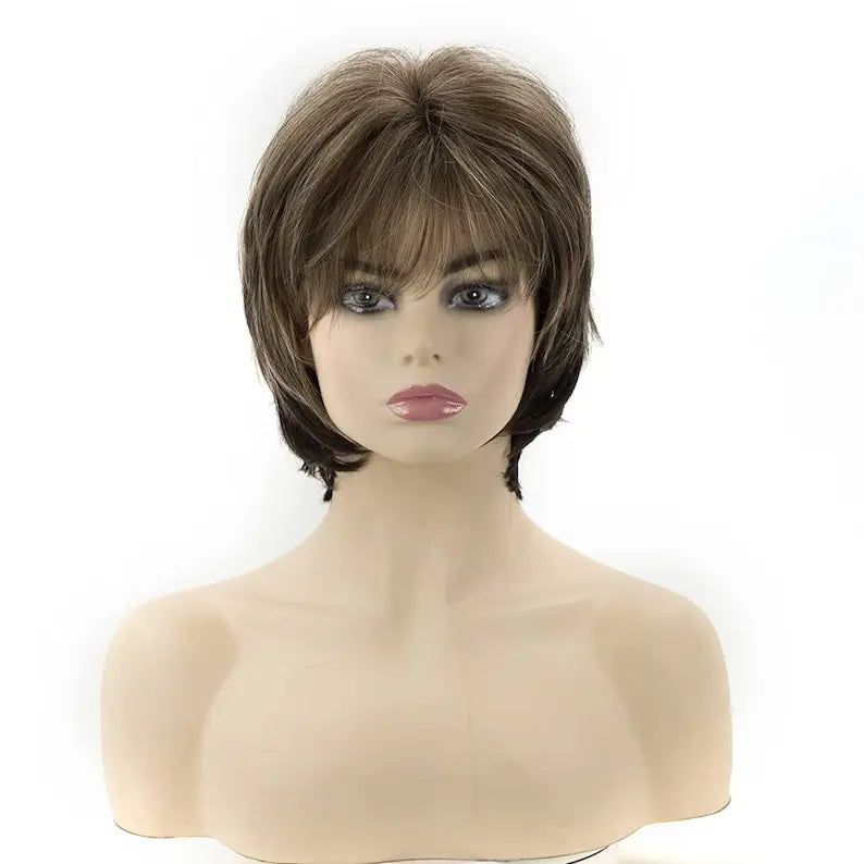 Crown & Glory Wigs Short Brown Pixie Cut Wigs with Bangs Straight Synthetic Hair Wig Ombre Blonde Wig Headband Cosplay Wig