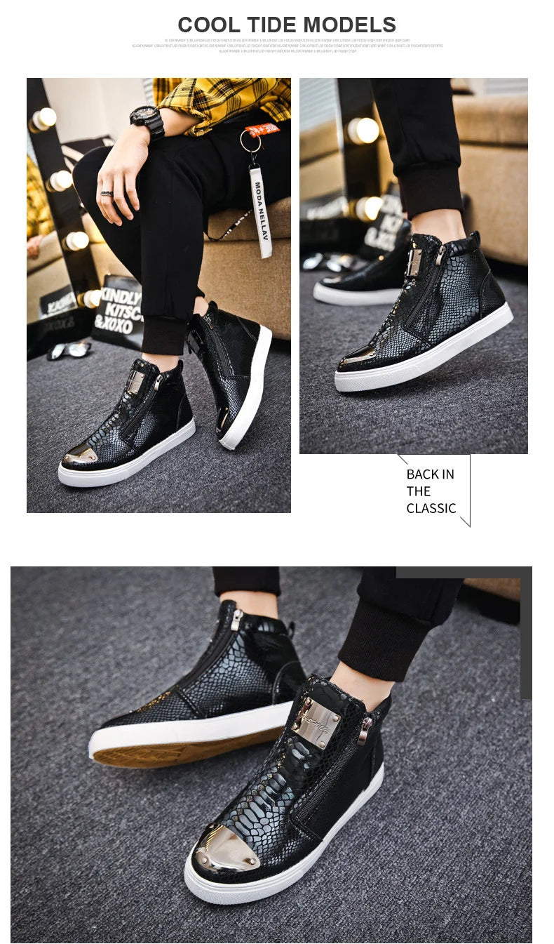 Men shoes  Hot Zipper High Top Sneakers Men Fashion Crocodile Leather Shoes For Men Luxury Golden Casual Sneakers Male Hip Hop Rock Shoes