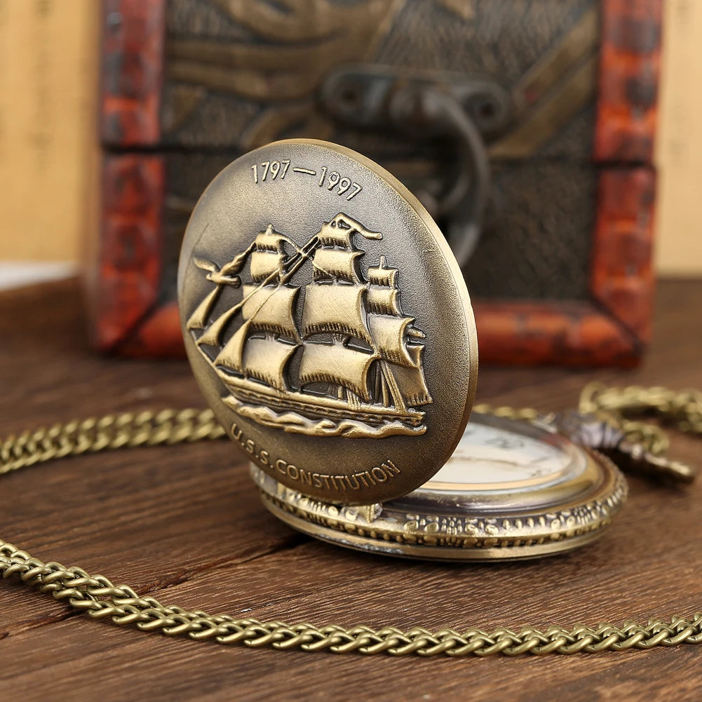 Jewellery   Steampunk U.S.S Constitution 1797-1997 Quartz Pocket Watch Sailing Canvas Boat Necklace Pendant Bronze Pocket Timepiece Gift