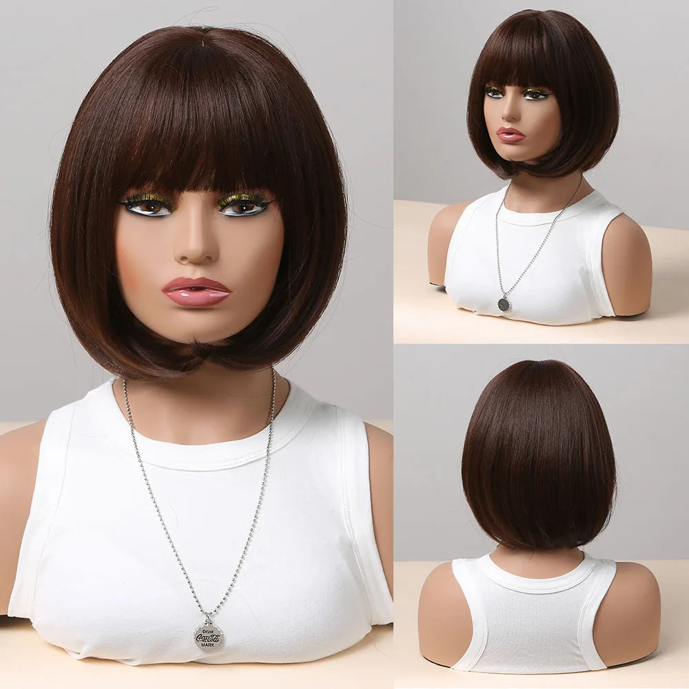 Crown & Glory Wigs  Bob Synthetic Wigs Ombre Brown to Blonde Straight Short Hair with Bangs for Women Daily Party Cosplay Use Heat Resistant Fibre