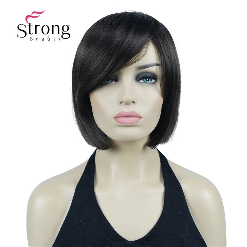 Crown & Glory Wigs Strong Beauty Women's Brown Short Straight Bob Wig with Side Bangs Synthetic Full Hair Wigs Heat Resistant