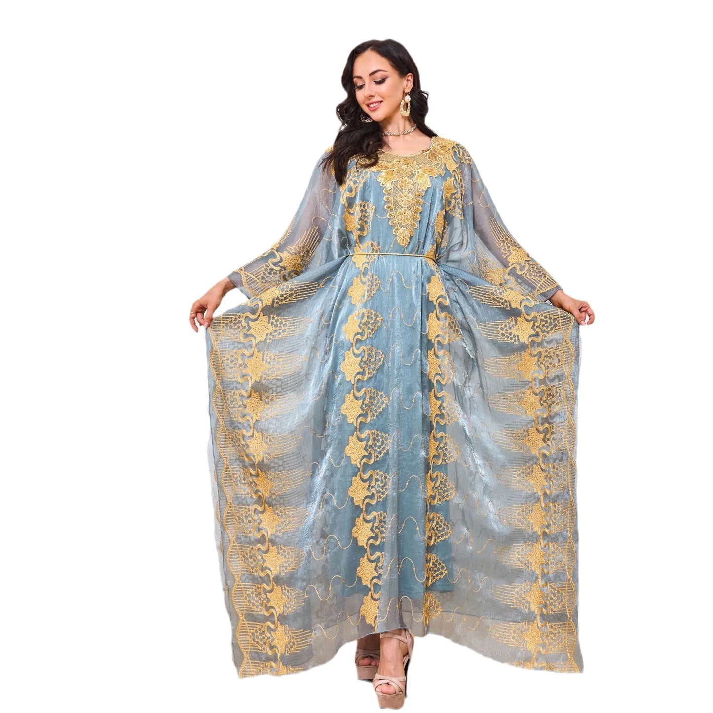 Muslim family   Middle Caftan Moroccan Eid Muslim Robe Embroidered Party Dresses Dinner Two Piece Dress Sets Vestido Jalabiya Abaya Ramadan