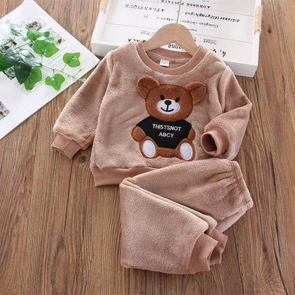 Girl clothing Bear Leader Girls Sets Winter Flannel Homewear Set Long-sleeved Bear Patch Cloth Hoodie Pants Autumn and Winter Warm Boy 2pc Set