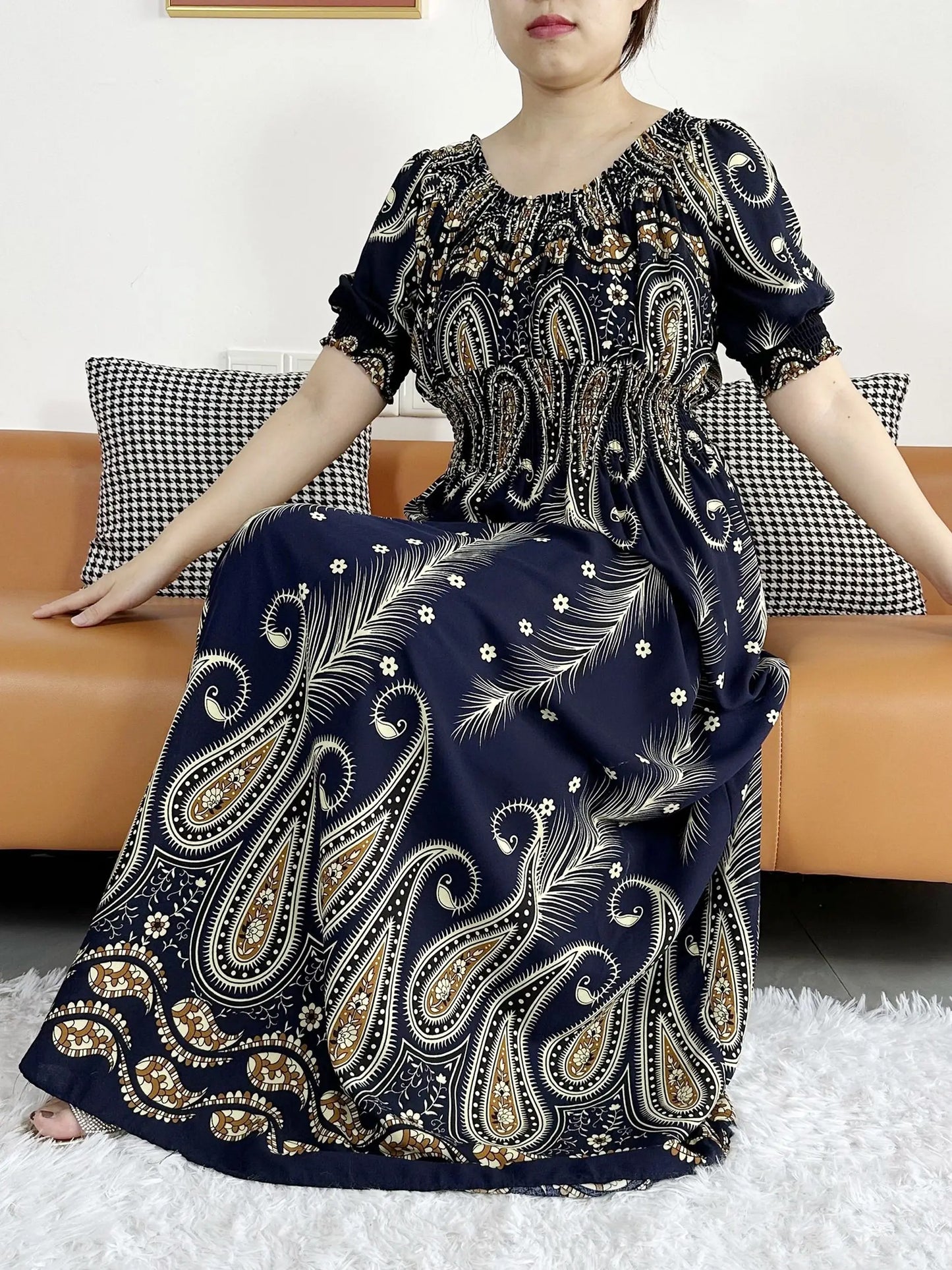 Muslim family   Women Party Dress Muslim Summer Short Sleeve Long Dress Collect Waist Floral Boubou Maxi Islam Women Dress African Abaya Clothes