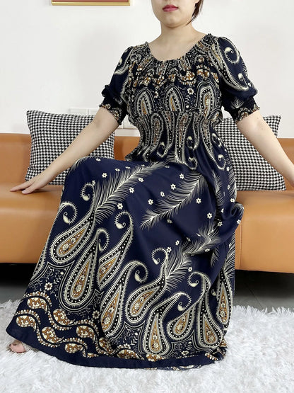 Muslim family   Women Party Dress Muslim Summer Short Sleeve Long Dress Collect Waist Floral Boubou Maxi Islam Women Dress African Abaya Clothes