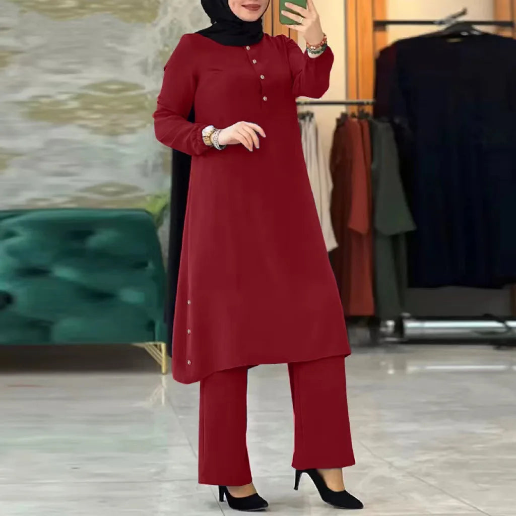 Muslim Family  Arab Women Blouse Muslim Fashion Matching Sets Women's Elegant Tracksuit Casual Solid Shirt+Wide Leg Pants Suit Modest Clothing