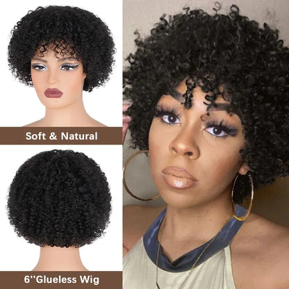 Crown & Glory Wigs  Short Curly Pixie Cut Wig with Bangs Glue less Afro Kinky Curly Brazilian Human Hair Wigs For Women Ready to Go Machine Made Wig