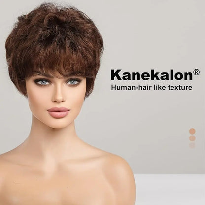 Crown & Glory Wigs  Pixie Cut Short Bob Wigs with Bang Brown Layered Straight Kanekalon Synthetic Wig Human-hair Like Texture Natural Daily Use Hair