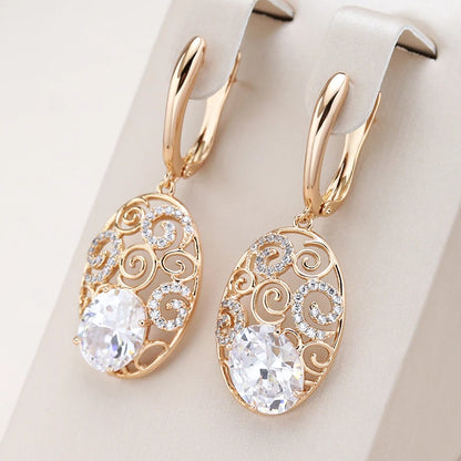 Jewellery    Rose Gold Color Crystal Flower Long Earring for Women Glossy Big Natural Zircon Drop Earring Trend Daily Jewelry