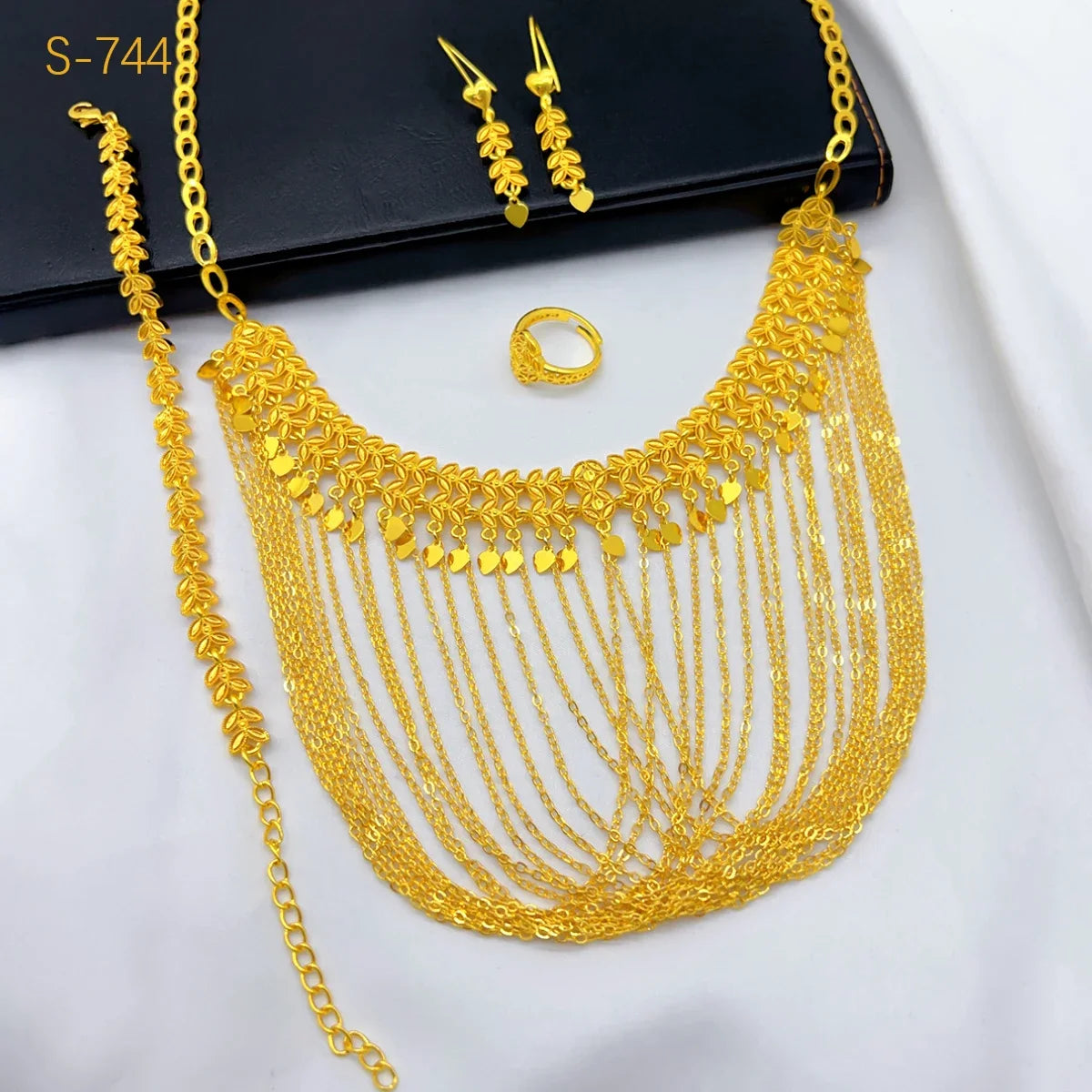 Jewellery   Dubai Tassel 24k Gold Color Jewelry Sets For Women Wedding Ethiopian Indian Bridal Necklace And Earring 4Pcs Set Party Gifts