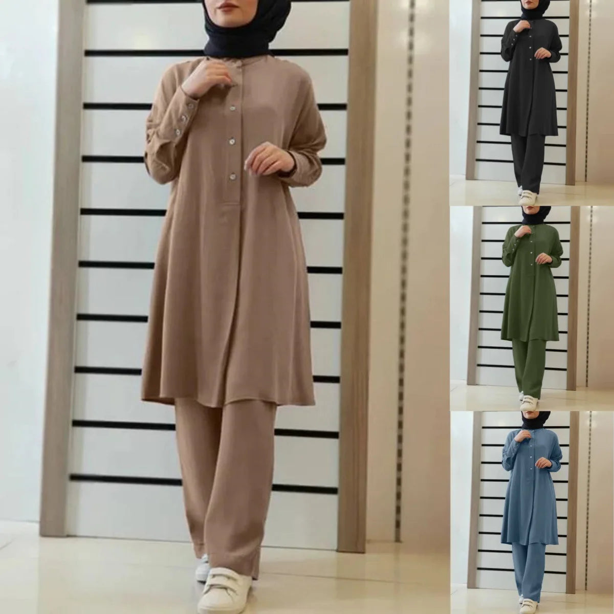 Muslim Family   Arab New Solid Color Two-Piece Shirt Pants Set Muslim Women Casual Loose  Set